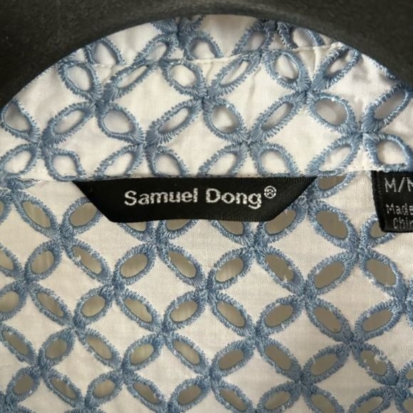 Samuel Dong Eyelet Cutout Button Down Long Sleeve Blouse, Blue White Sz Medium - Picture 7 of 16